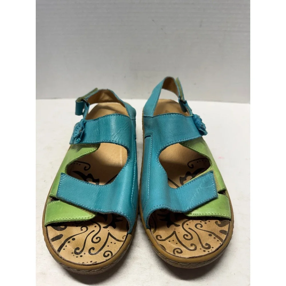 Pikolinos Teal Lime Green Leather Flower Slingback Comfort Sandals Spain 39 8.5
